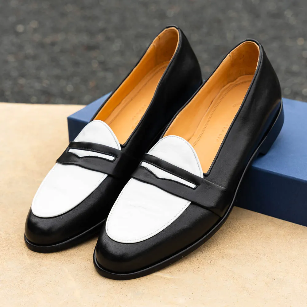 15-300-BKW ALBA Calfskin Penny Loafer, Black/White