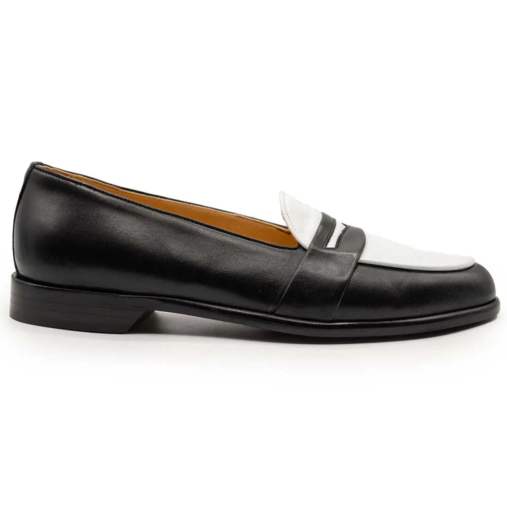 15-300-BKW ALBA Calfskin Penny Loafer, Black/White