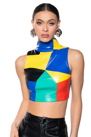 AMEILA COLOR BLOCK FAUX LEATHER CROP TOP