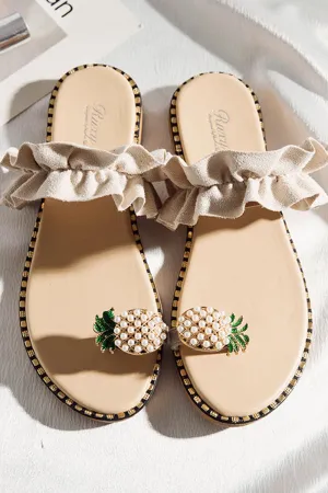 Amozae-Pineapple Pattern Toe Ring Frill Hem Flip-flop Sandals