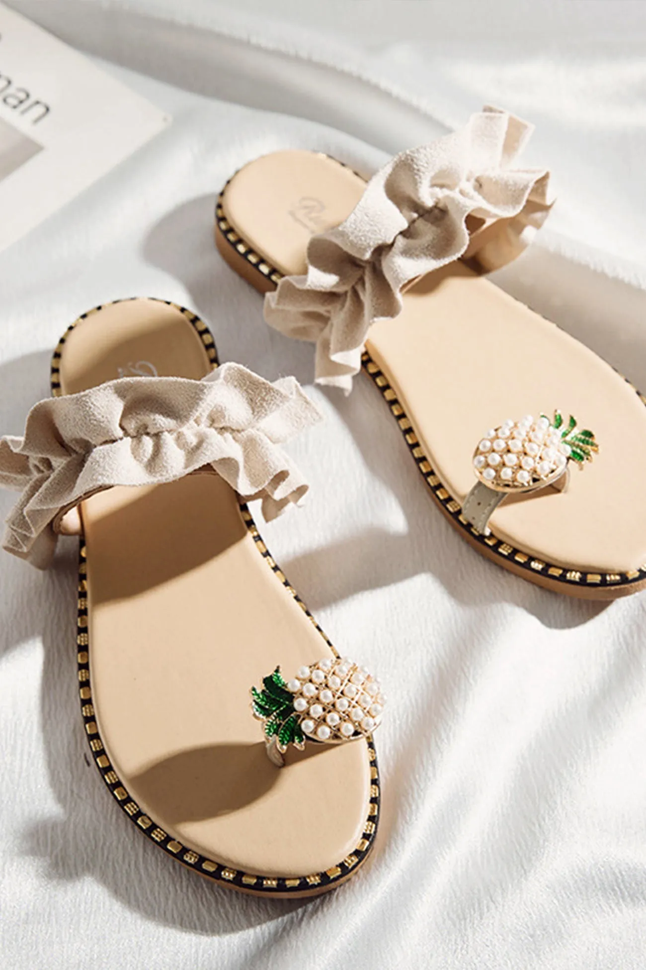 Amozae-Pineapple Pattern Toe Ring Frill Hem Flip-flop Sandals