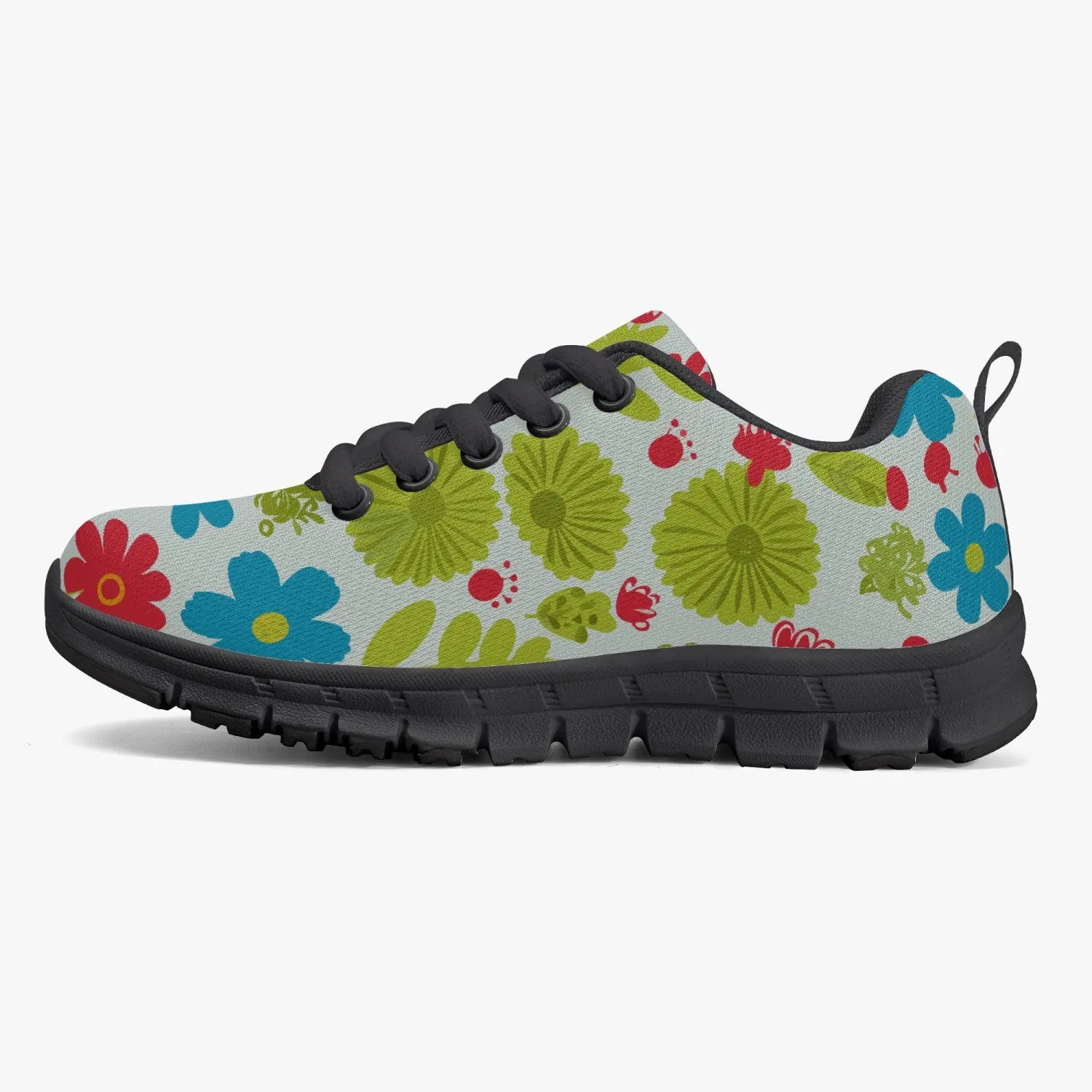 Baskets légères en maille pour Enfant, noires "Fleurs bleues, jaunes et rouges" (217)