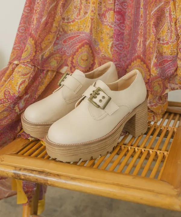 Beige Buckled Platform Loafers