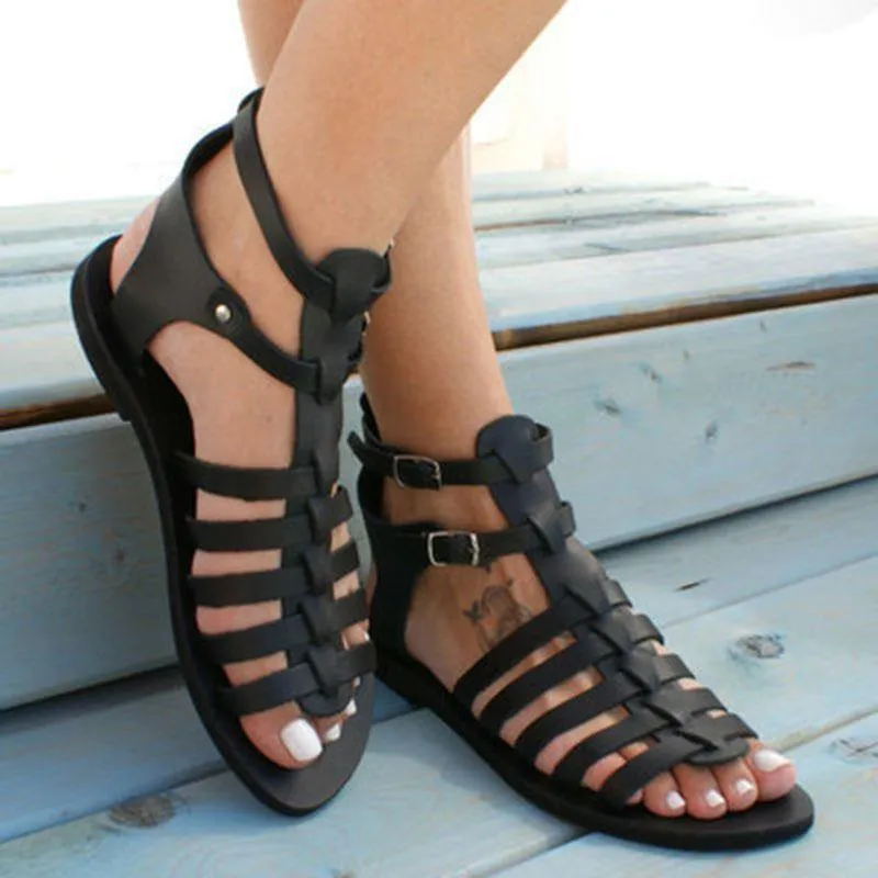 Black Faux Leather Flat Sandals Buckle Strap Water Sandals