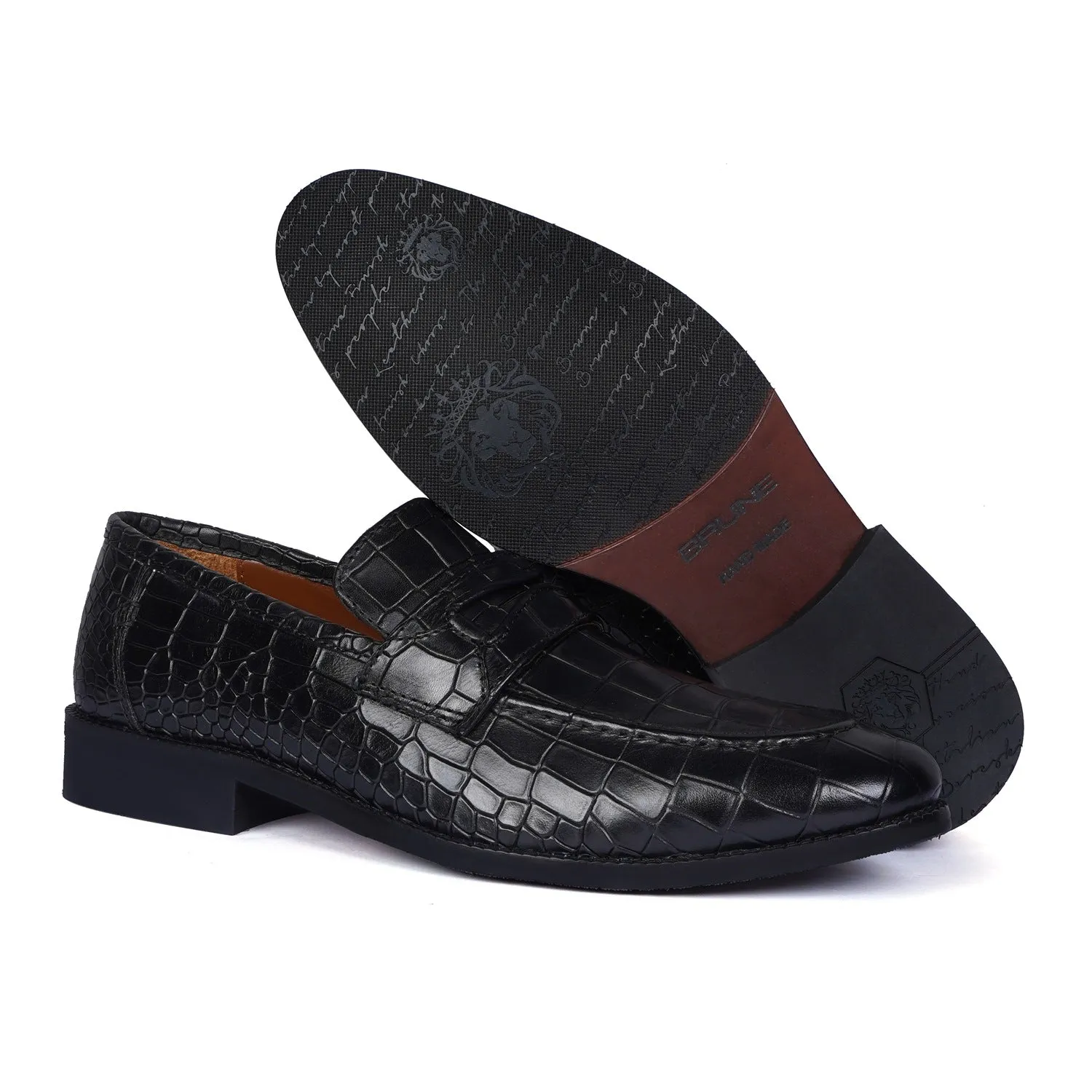 Black Penny Loafers with Cut Croco Leather