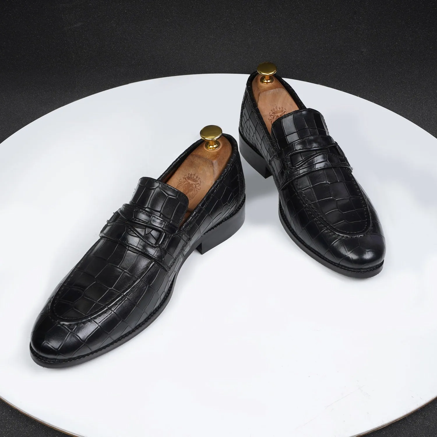 Black Penny Loafers with Cut Croco Leather