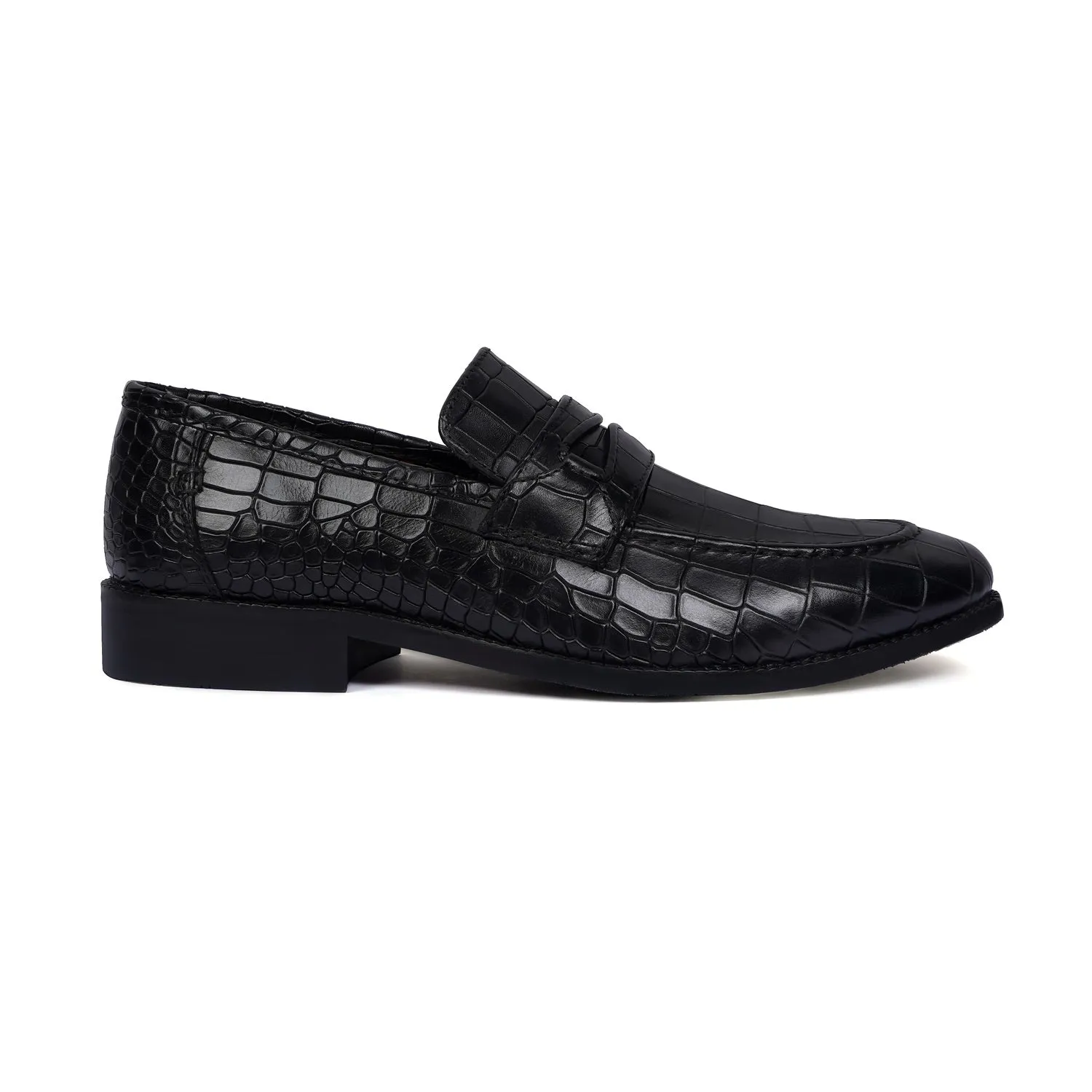 Black Penny Loafers with Cut Croco Leather