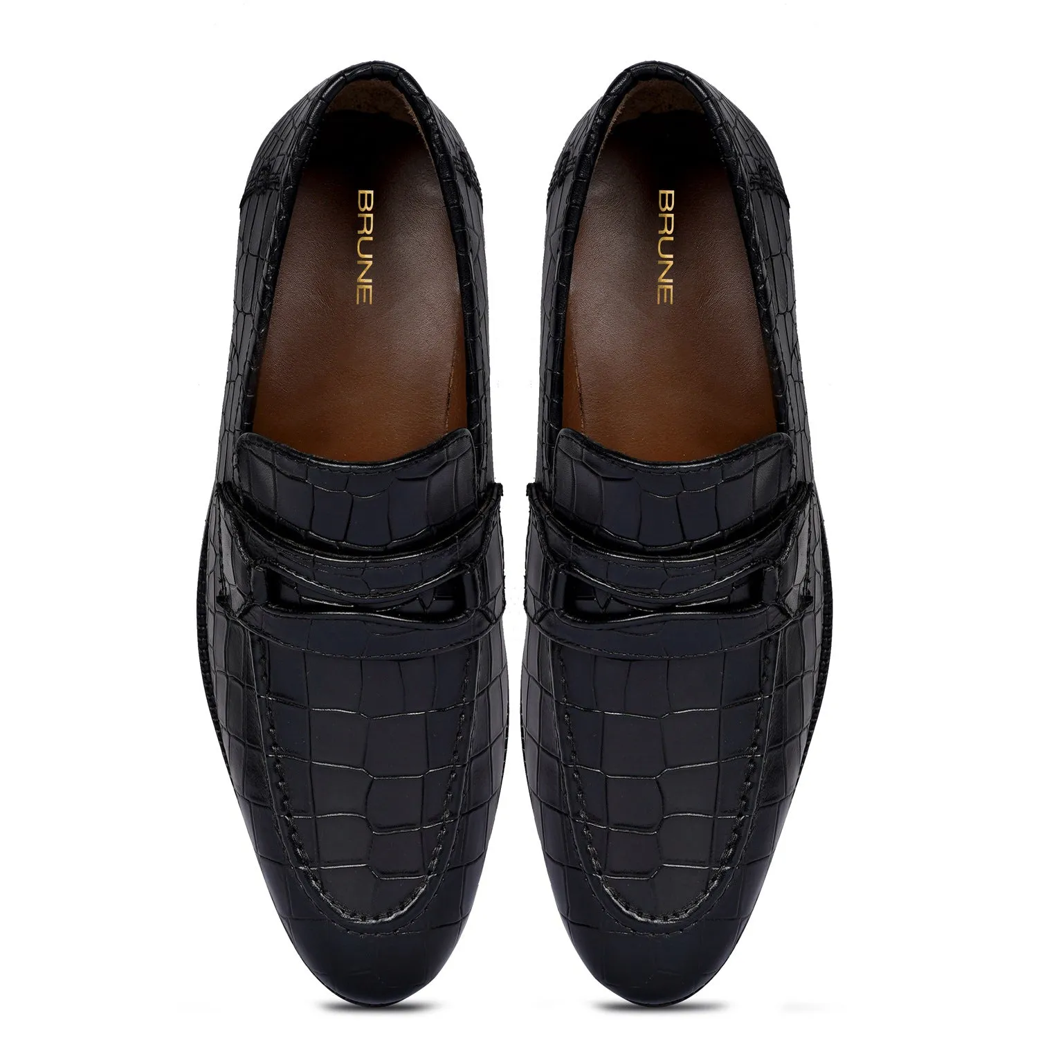 Black Penny Loafers with Cut Croco Leather