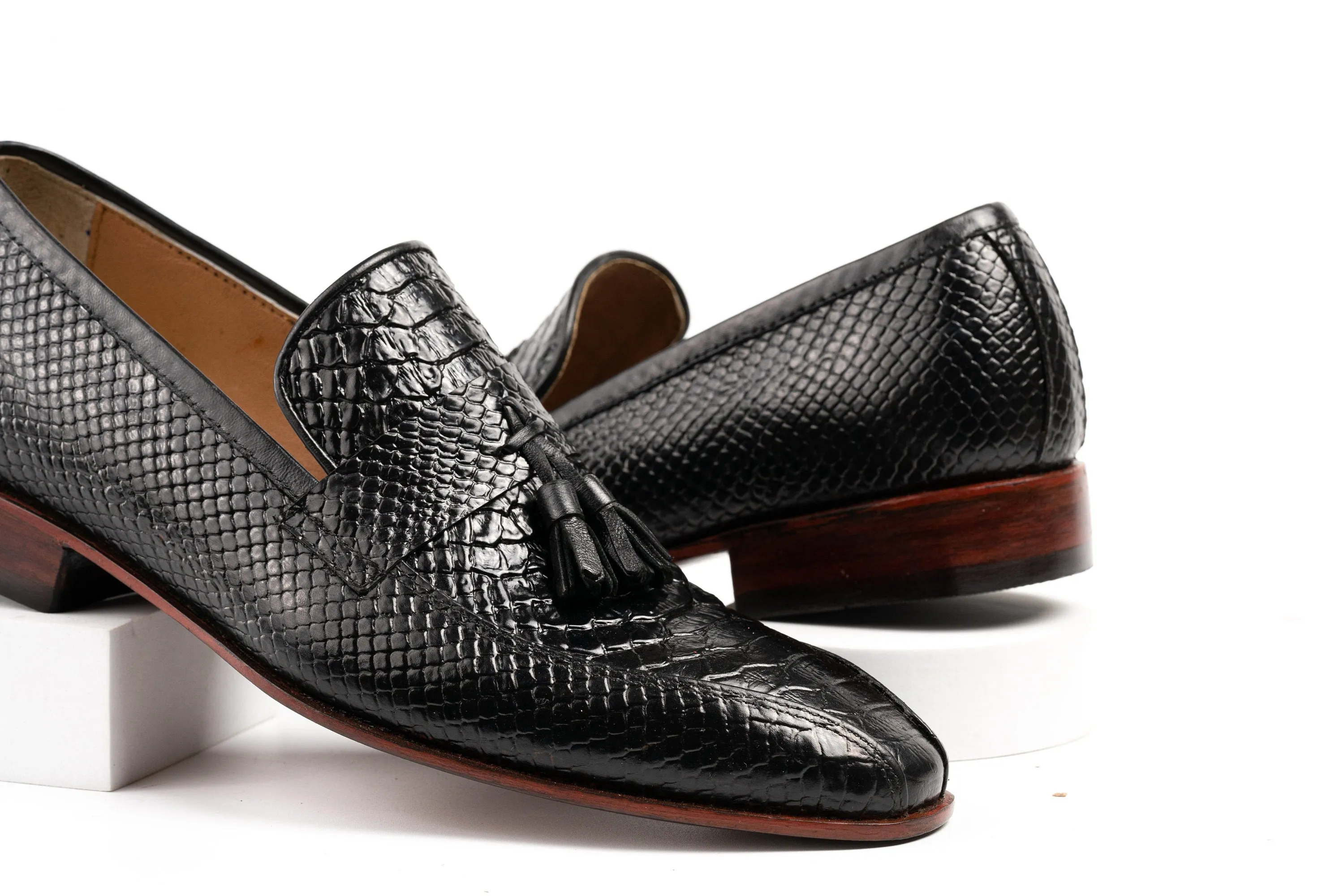 Black Tussle lizard pattern leather Loafer Perfect Adult gift, Men's Dress Casual Party Loafer