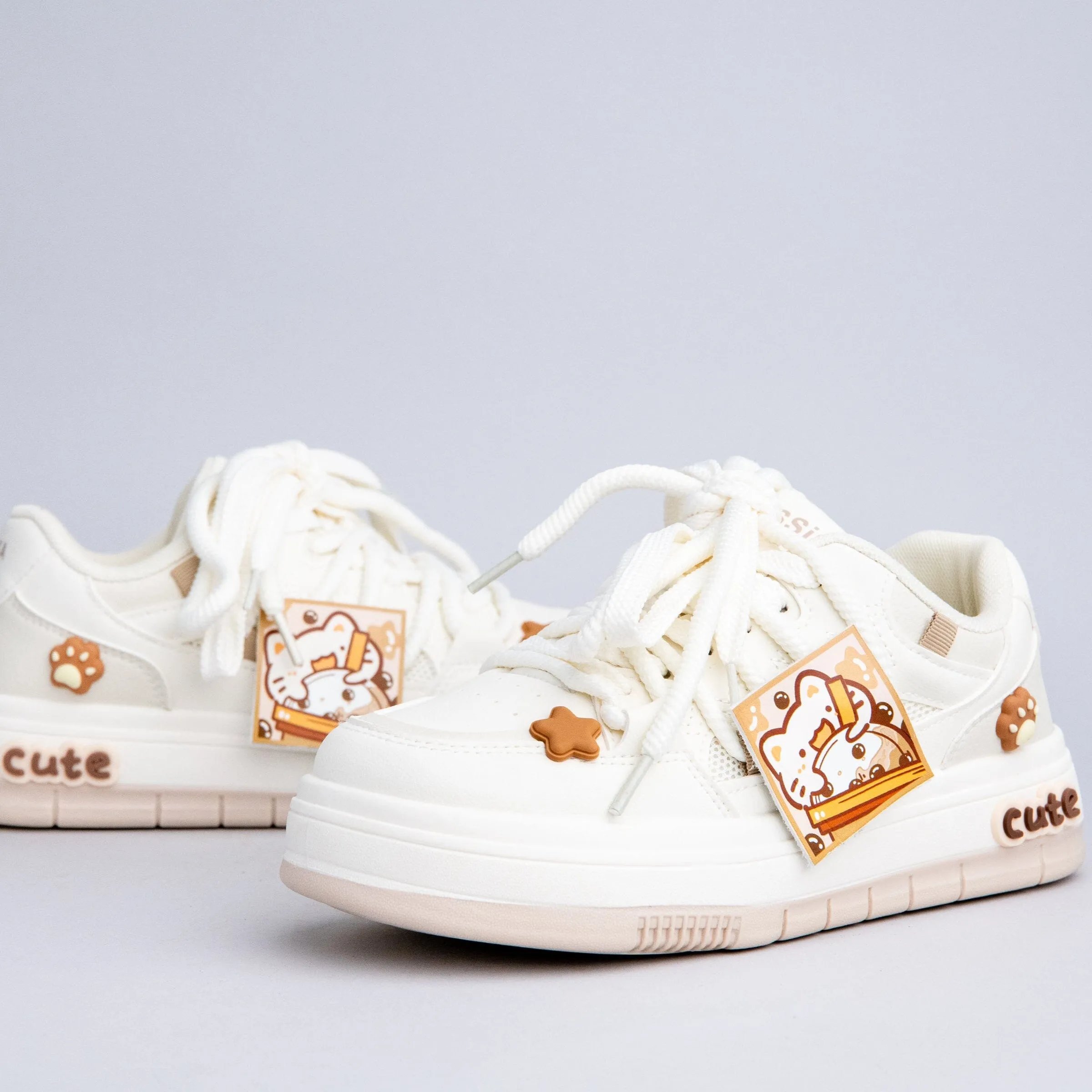 Boba Lovin Kitty Chunky White Sneakers - Women's