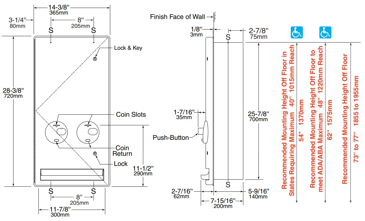 Bobrick B-4706 Recessed Napkin and/or Tampon Dispenser