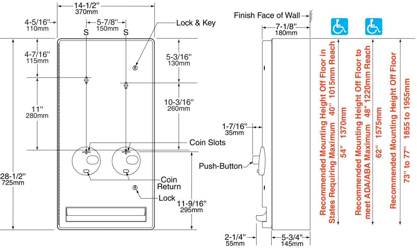 Bobrick B-47069 Surface Mounted Napkin and/or Tampon Dispenser