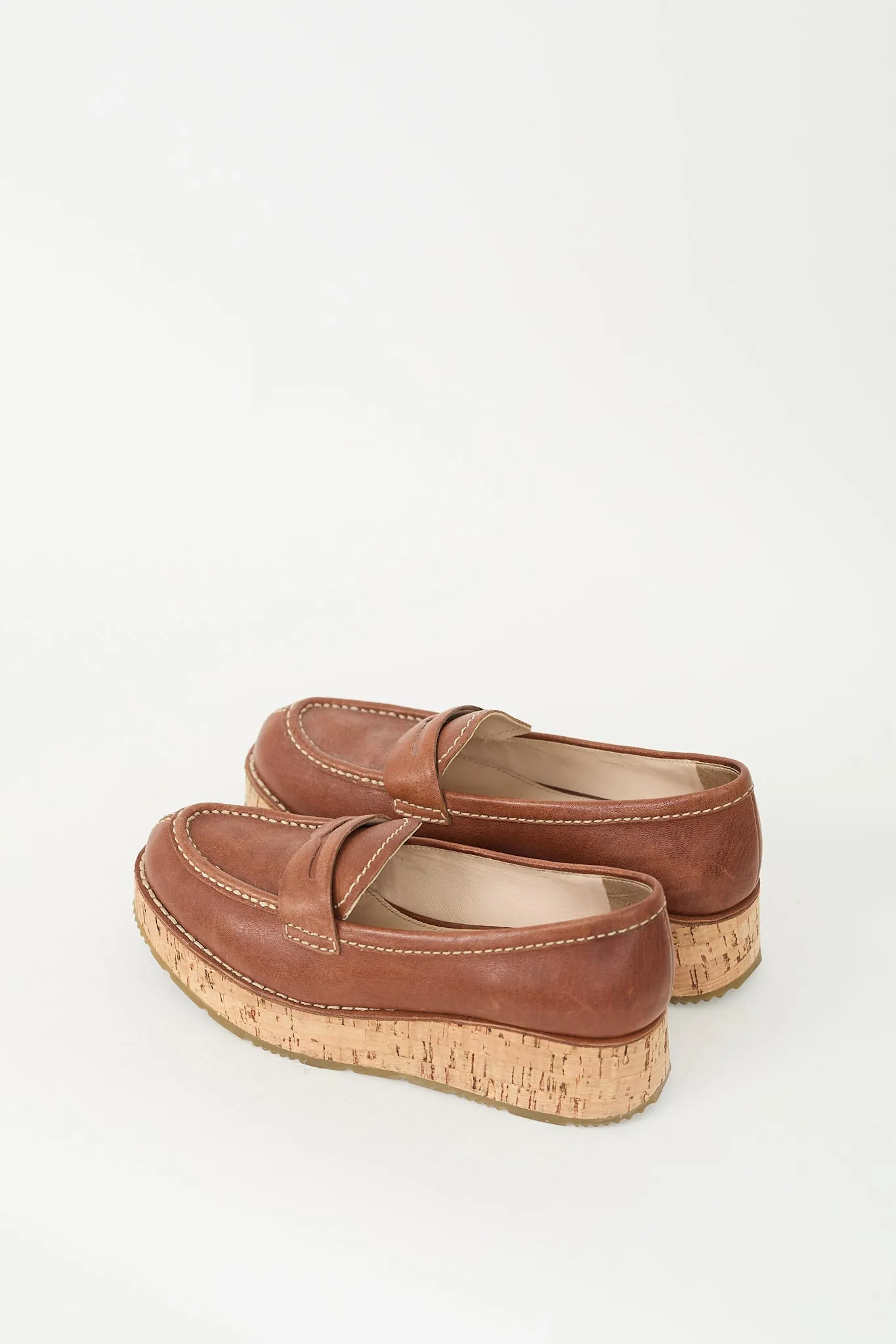 Brown Leather Cork Plaform Penny Loafer