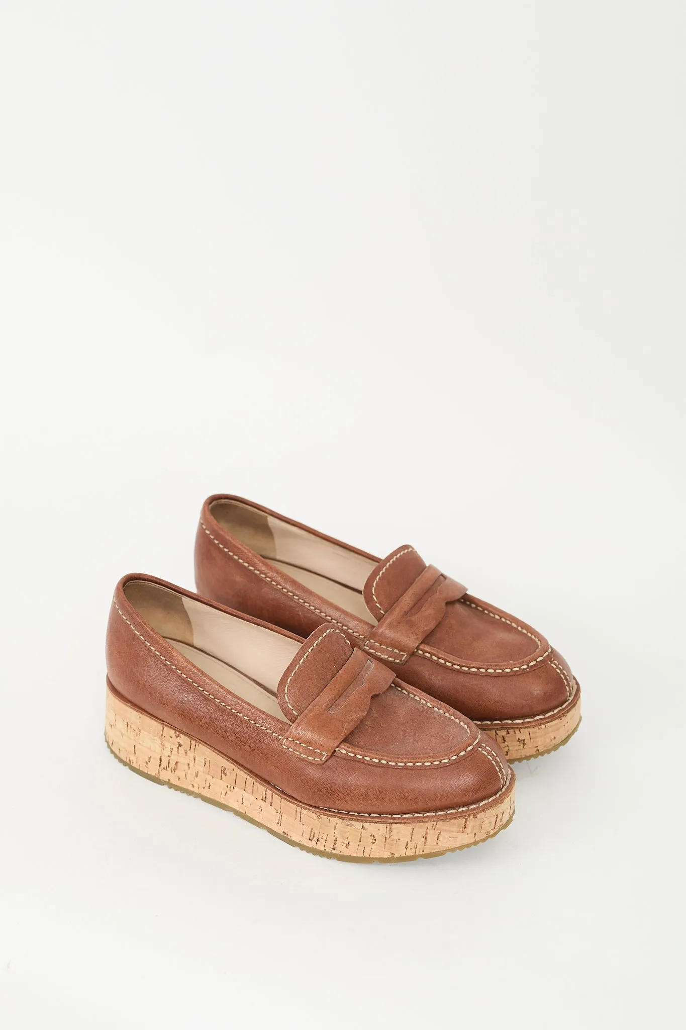 Brown Leather Cork Plaform Penny Loafer