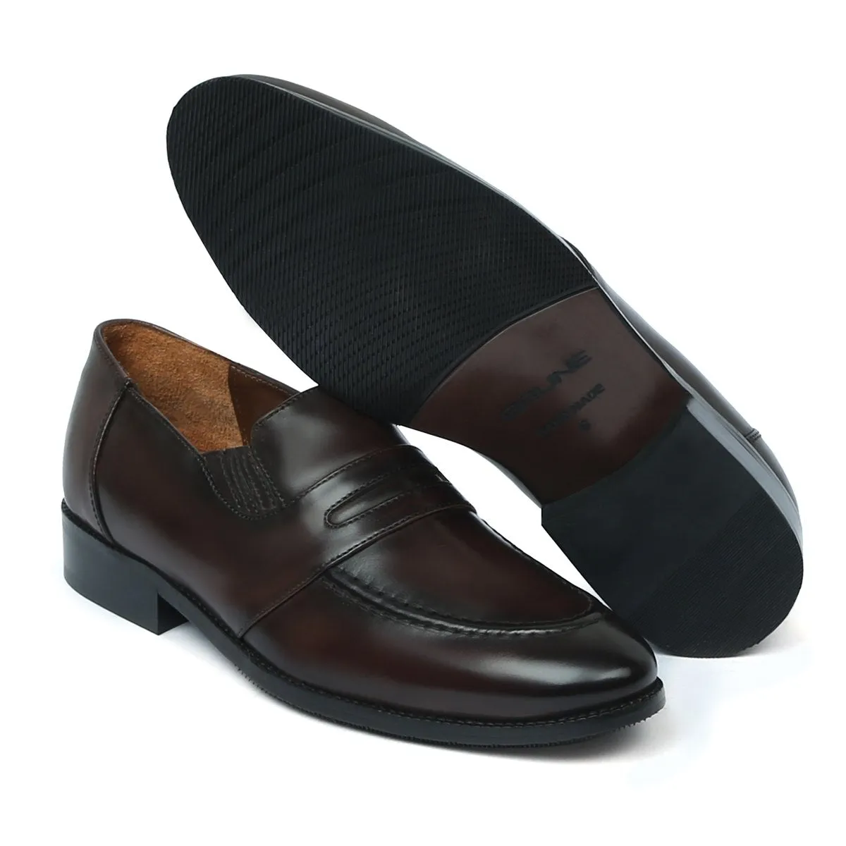 Burnished Dark Brown Penny Loafers in Genuine Leather