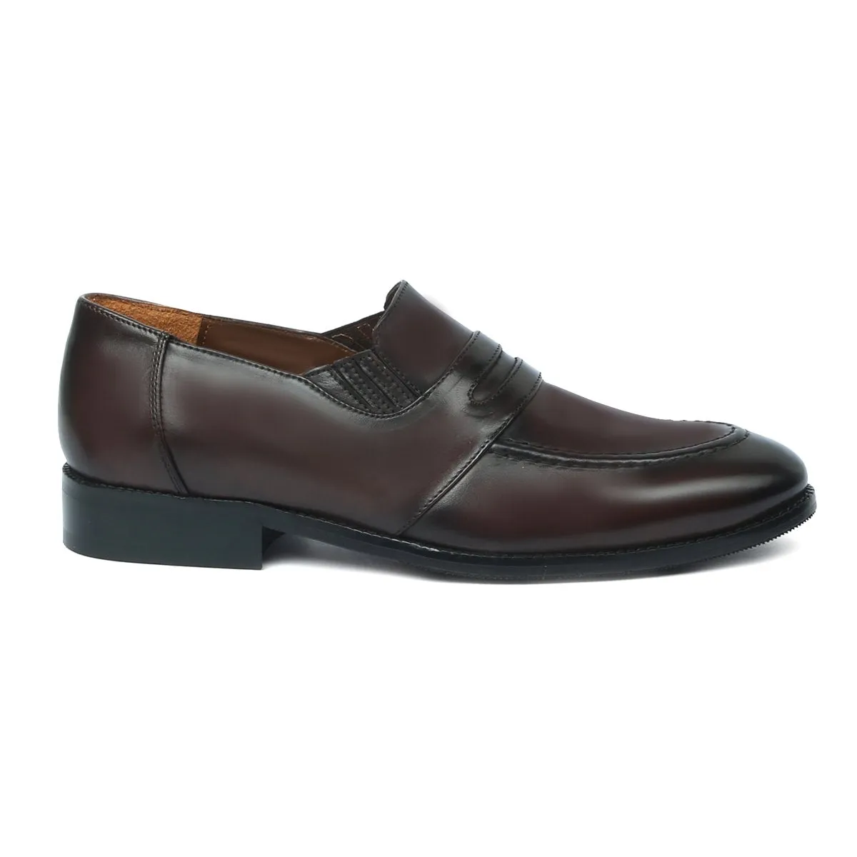 Burnished Dark Brown Penny Loafers in Genuine Leather