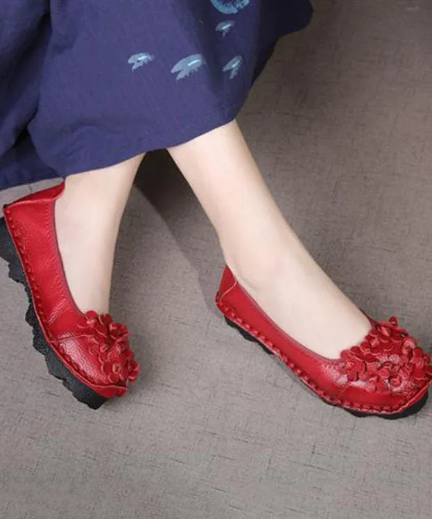 Casual Floral Penny Loafers Red Cowhide Leather LY0178