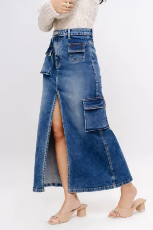 Denim Cargo Midi Skirt