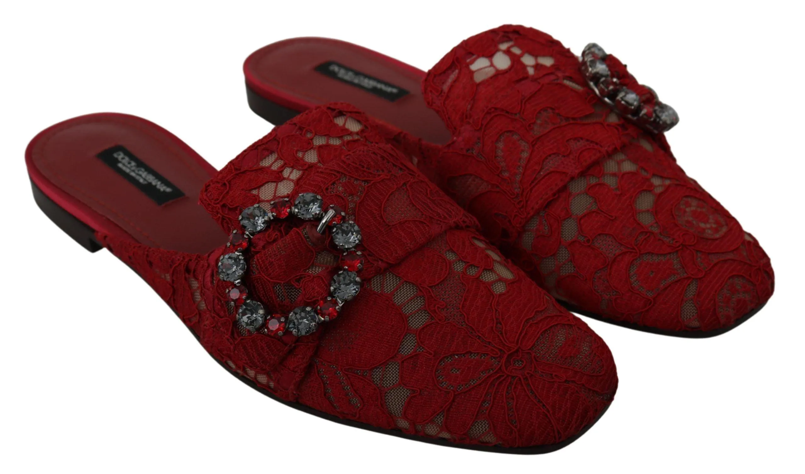 Dolce & Gabbana Red Lace Crystal Slide On Flats Shoes