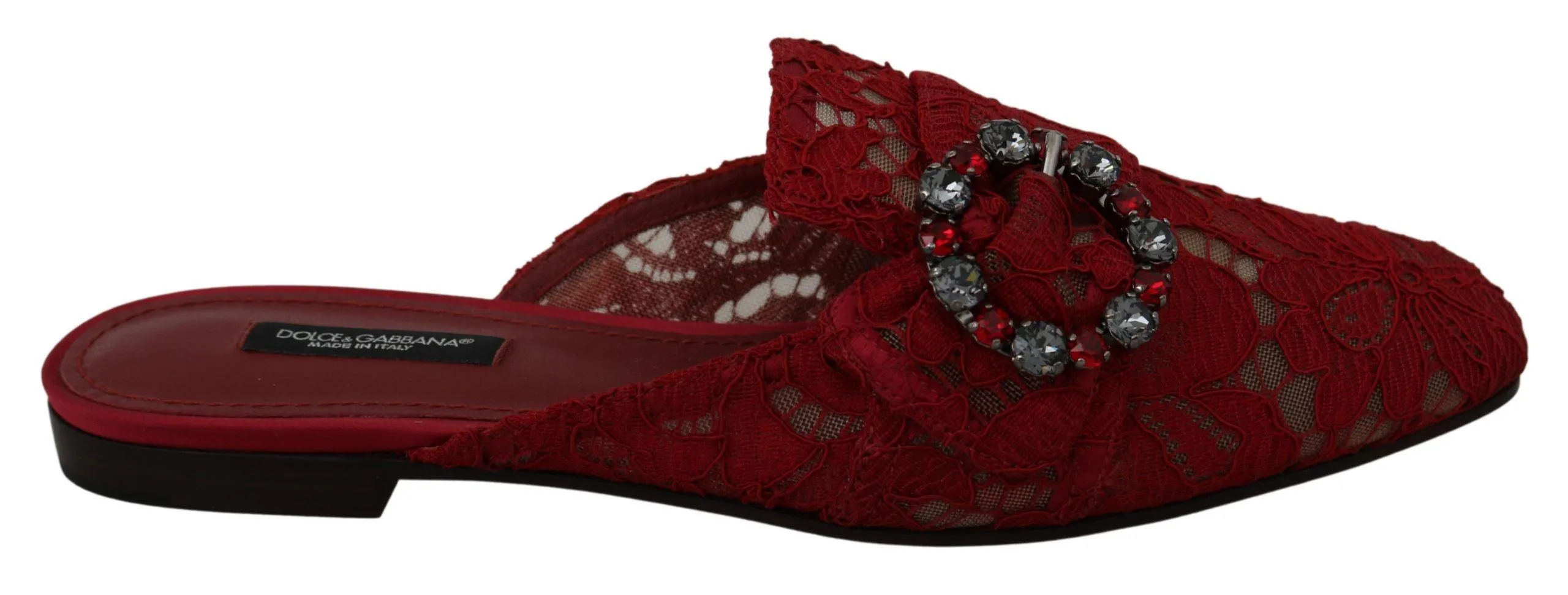 Dolce & Gabbana Red Lace Crystal Slide On Flats Shoes