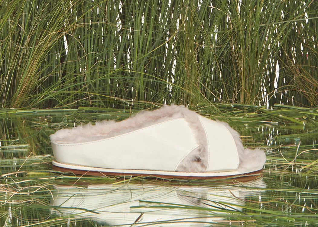 Ellington Fur Flat Slide in Cream Leather