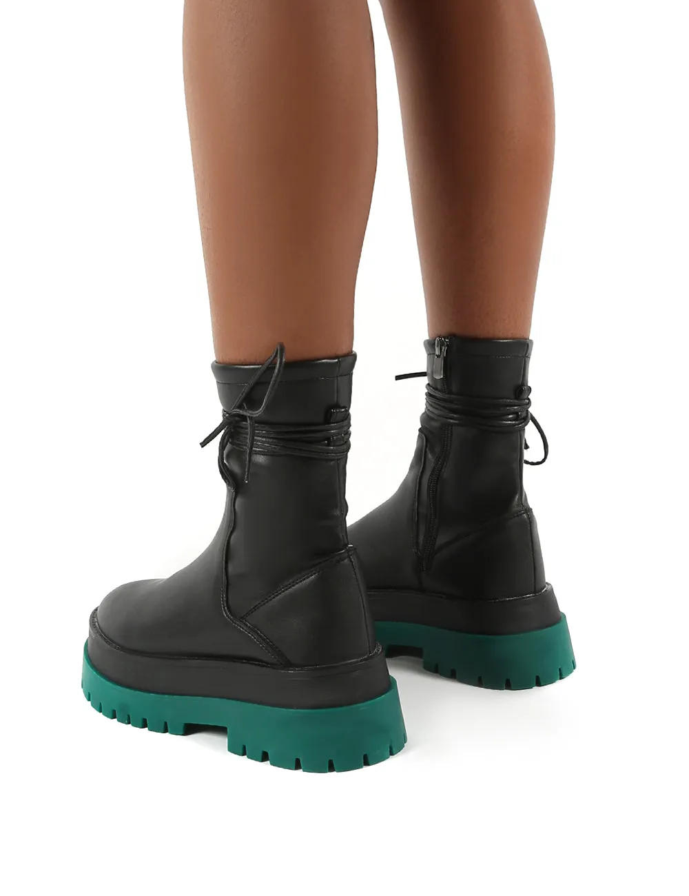 Finale Black Pu Green Chunky Sole Ankle Wrap Boots