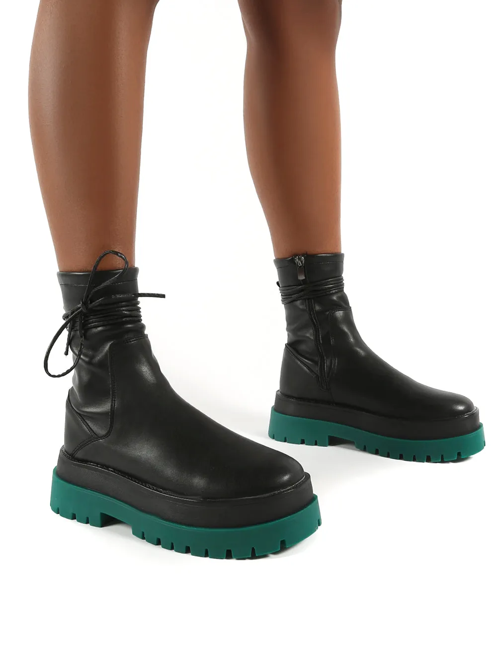 Finale Black Pu Green Chunky Sole Ankle Wrap Boots