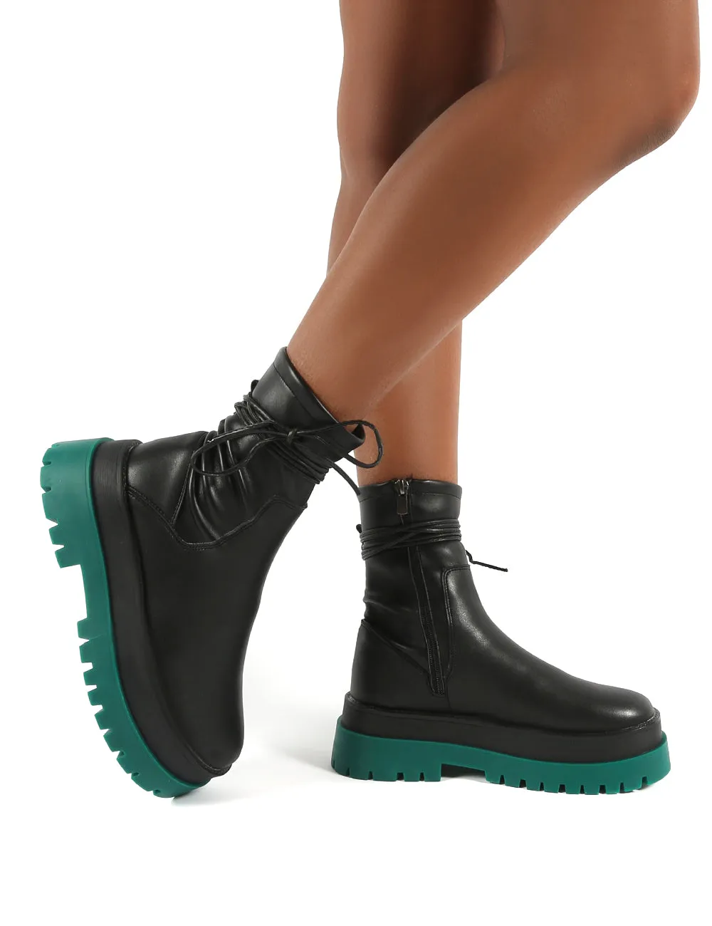 Finale Black Pu Green Chunky Sole Ankle Wrap Boots