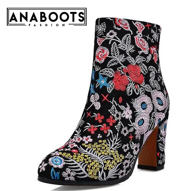 Flowers Embroidery Ankle Boots