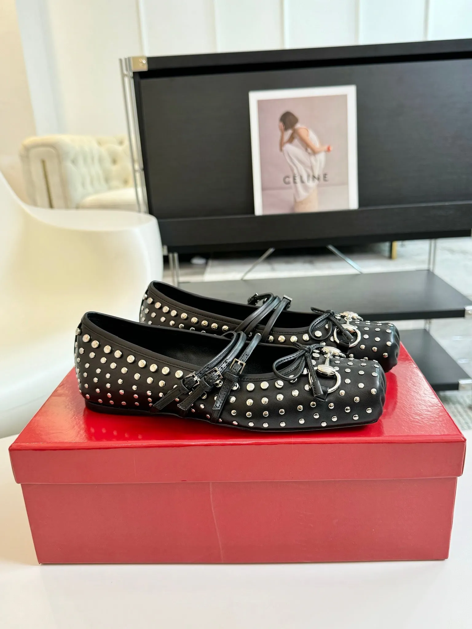 GG RIVETS BALLET FLAT BLACK HORIZONTAL STRAPS LAMBSKIN