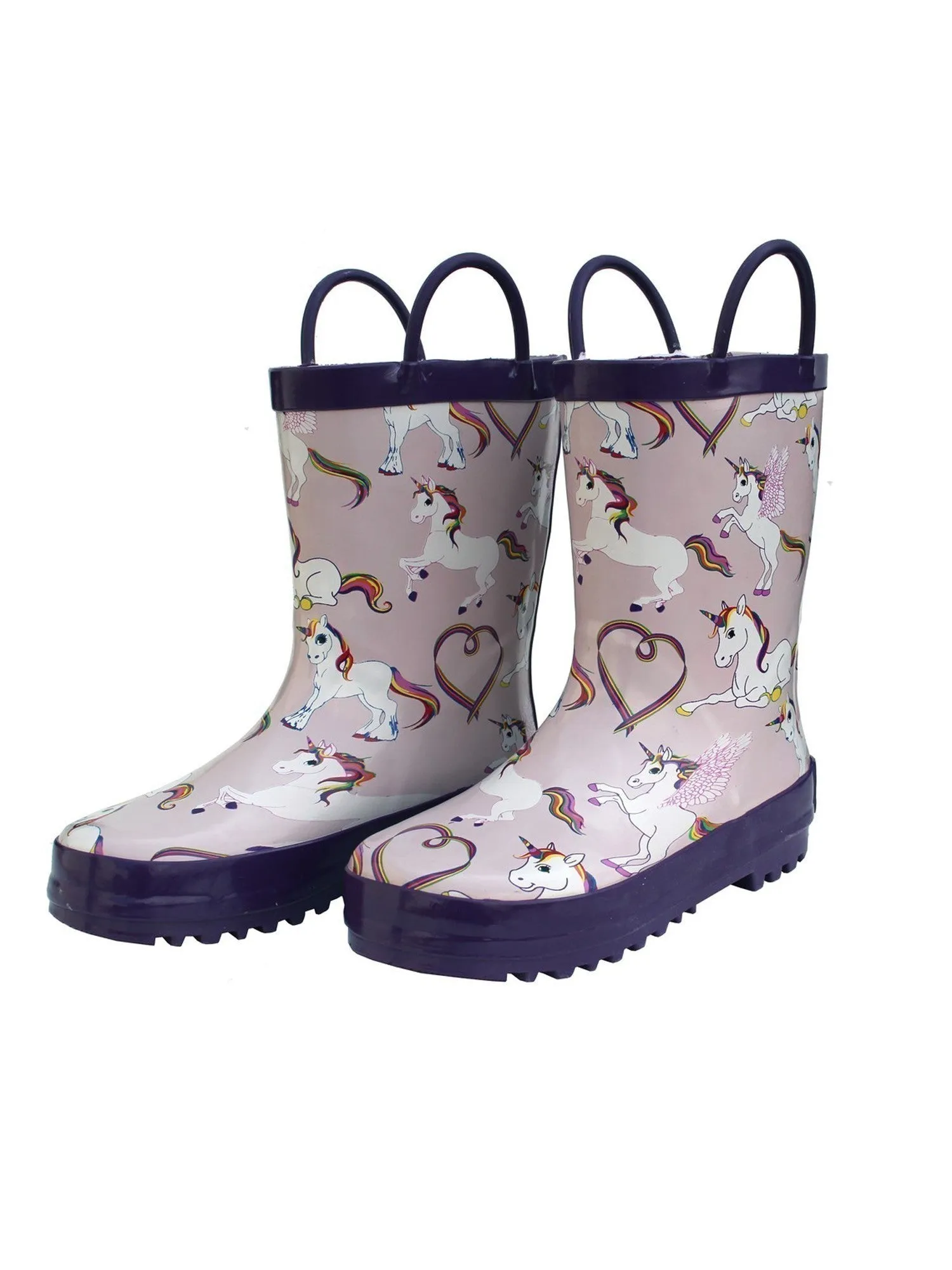 Girls Pink Rainbow Unicorn Print Side Handle Rain Boots 11-3 Kids