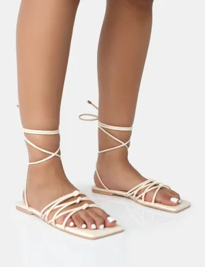 Kelly Ecru PU Lace Up Flat Square Toe Sandals