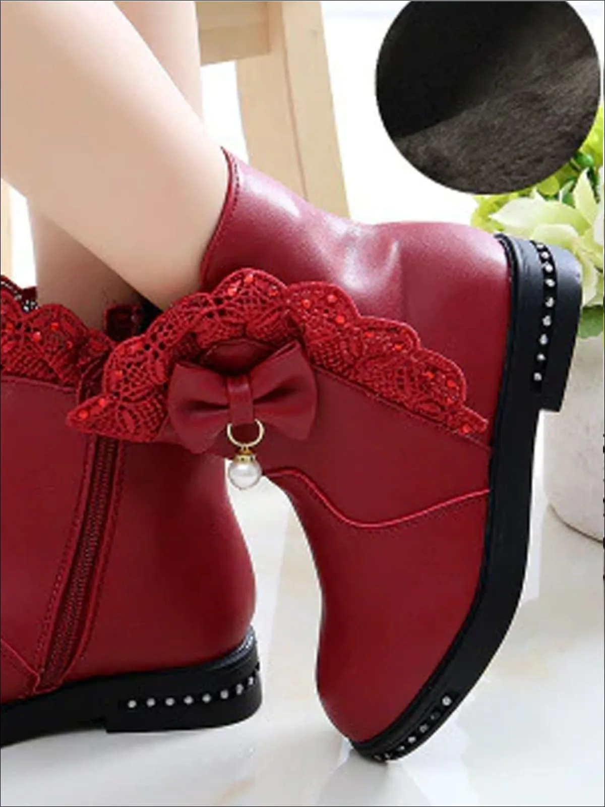 Lace Trimmed Pearl Bow Tie Ankle Boots By Liv and Mia