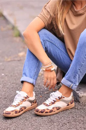 LEOPARD LACE UP FLAT GOLD PATCH SNEAKERS TRAINERS