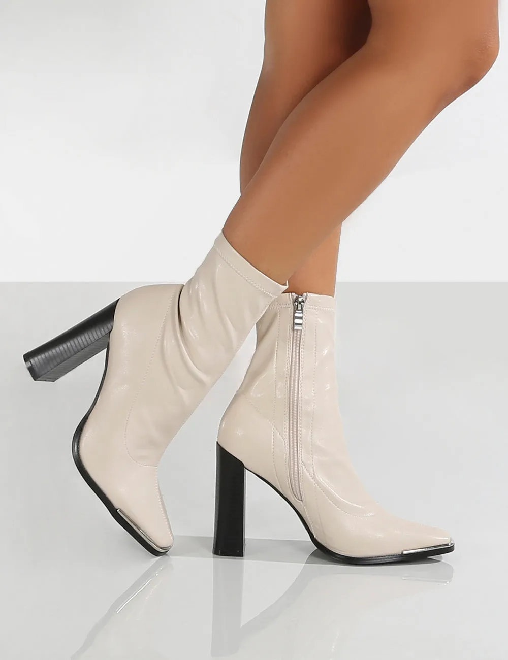 Liberty Ecru PU sock High Heeled Ankle Boots