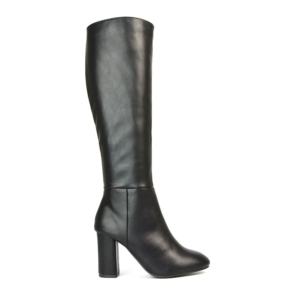 Maggie Knee High Block High Heeled Winter Long Boots in Black Synthetic Leather