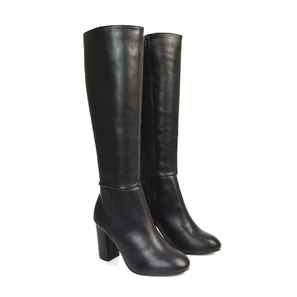 Maggie Knee High Block High Heeled Winter Long Boots in Black Synthetic Leather