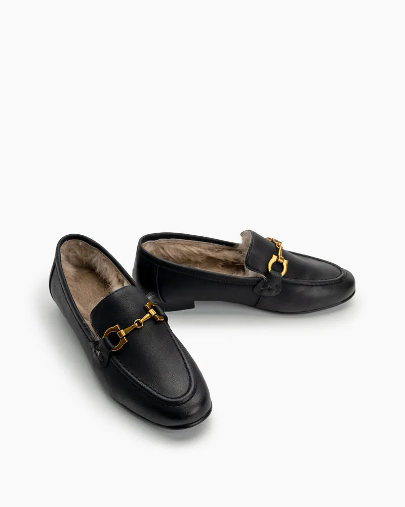 Metal Buckle Fluffy Leather Loafers