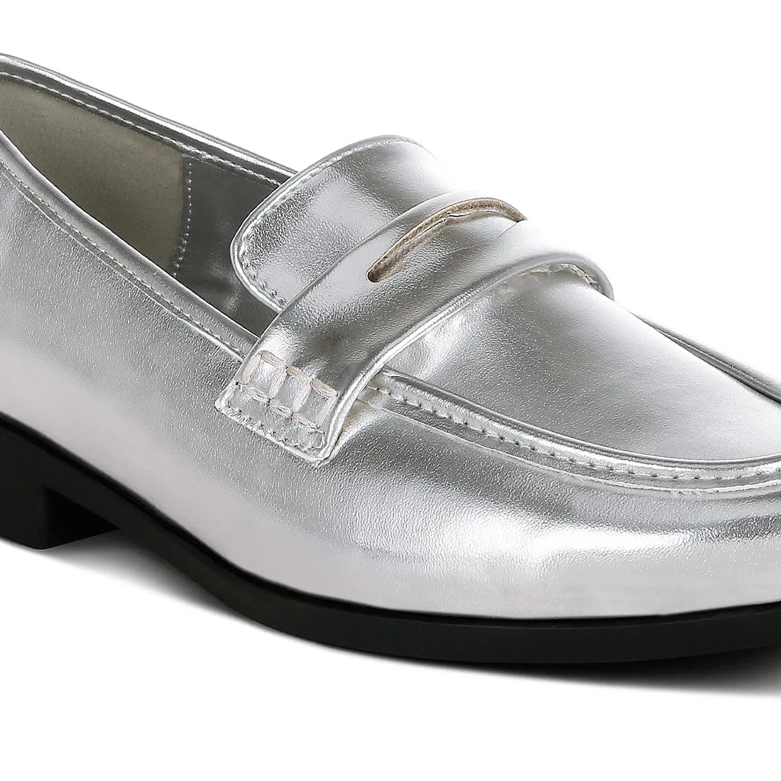 Metallic Faux Leather Flat Loafers