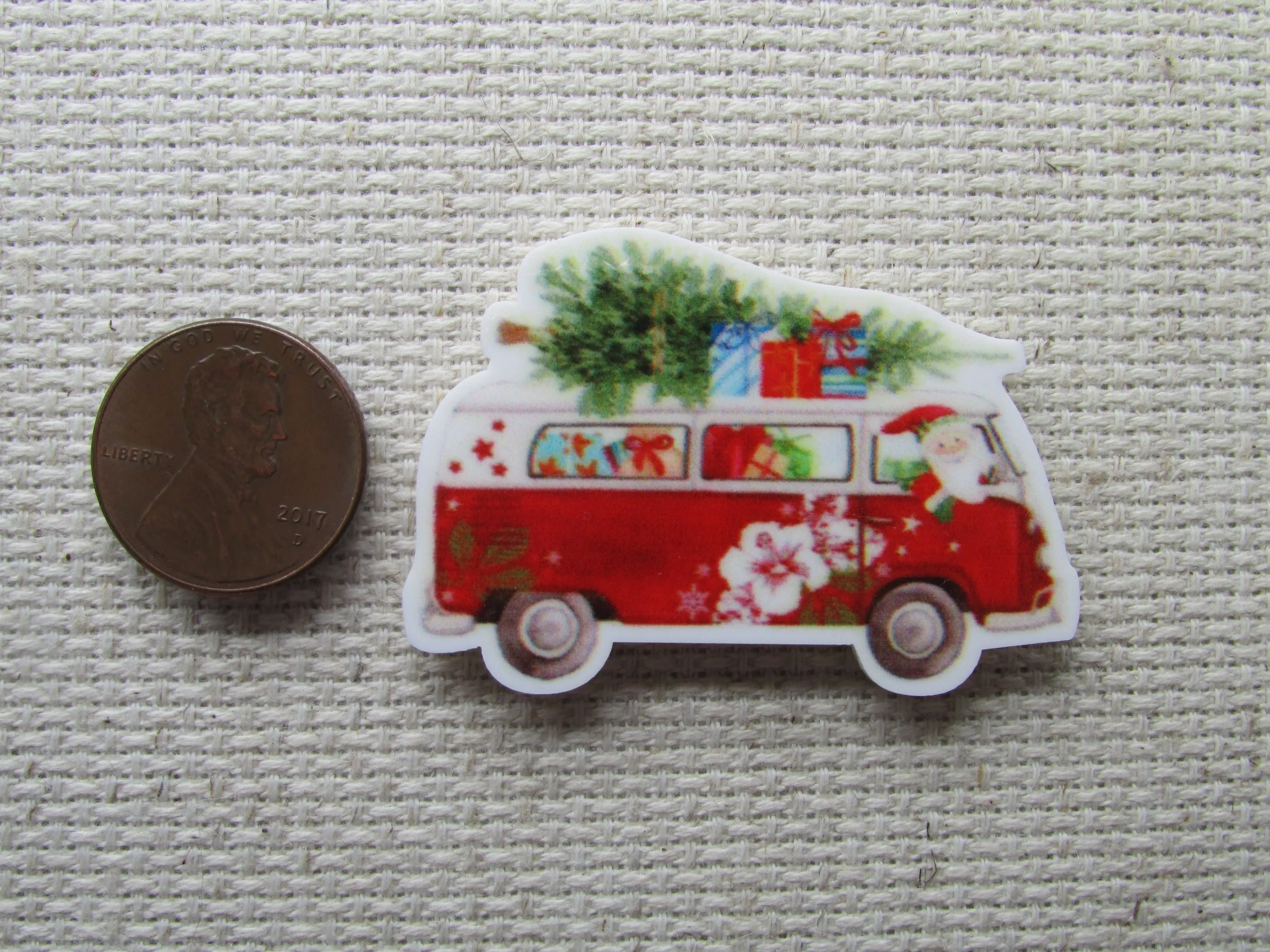 Santa Driving a Christmas Van Loaded with Gifts and Topped off with a Tree Needle Minder, Cover Minder, Magnet