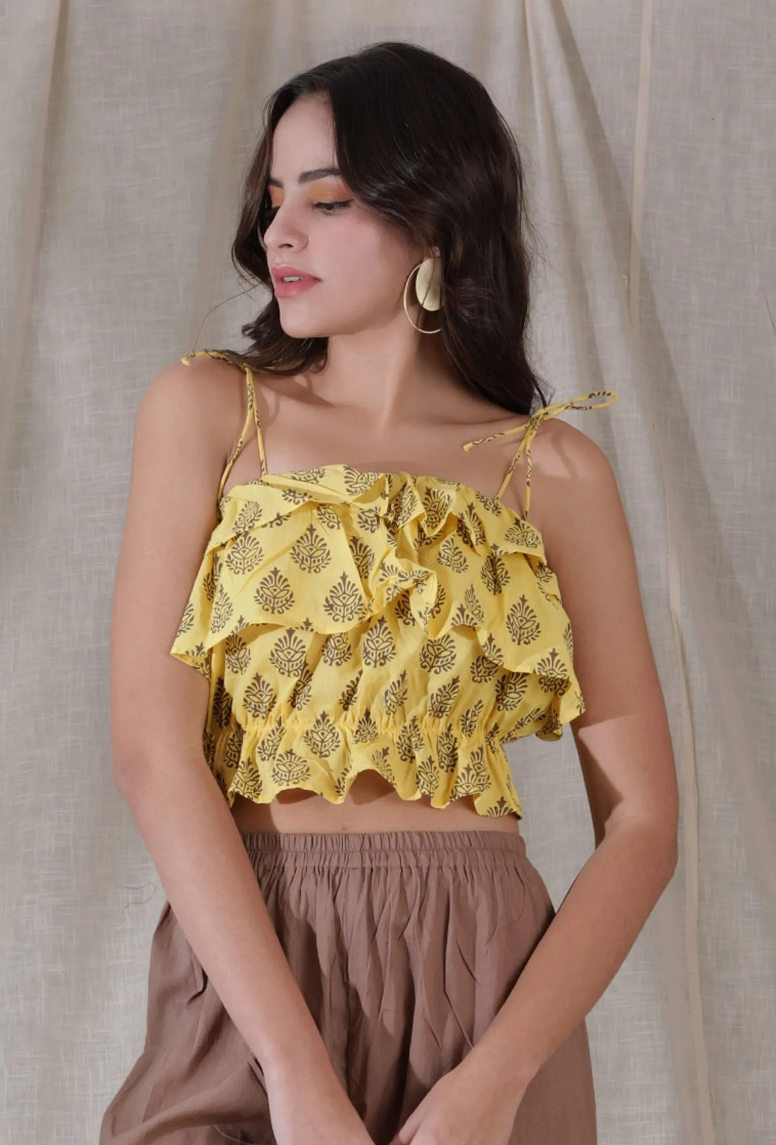 Set of 2- Yellow color cotton blockprinted crop top with cotton layer and tier flared high waist pant