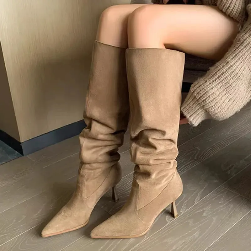 Sohiwoo Retro Pleated Knee High Cowboy Boots for Women Autumn High Heels Pointed Toe Western Boots Woman Brown Long Botas Feminina