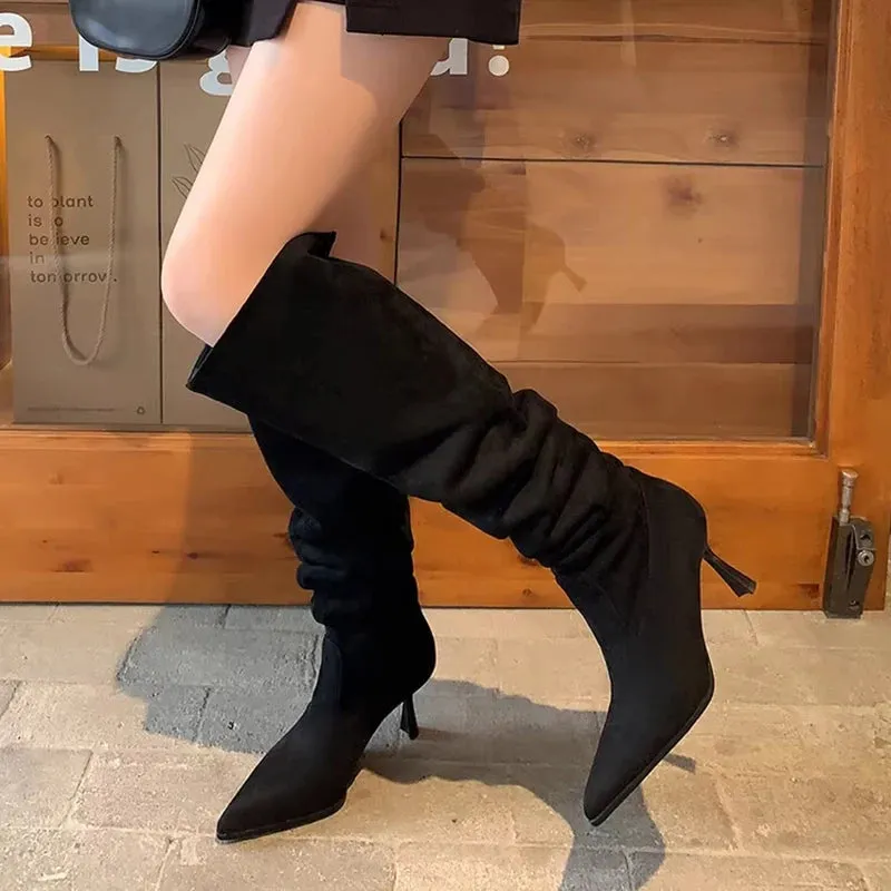 Sohiwoo Retro Pleated Knee High Cowboy Boots for Women Autumn High Heels Pointed Toe Western Boots Woman Brown Long Botas Feminina