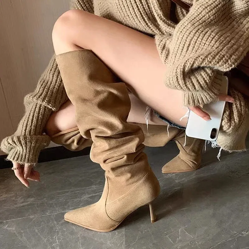 Sohiwoo Retro Pleated Knee High Cowboy Boots for Women Autumn High Heels Pointed Toe Western Boots Woman Brown Long Botas Feminina