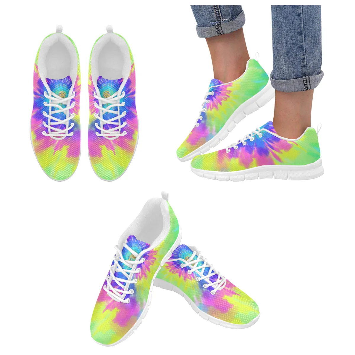 Tie dye Sneakers Shoes, Spiral Colorful Rainbow Art Hippie Blue Women's Breathable Running Sneakers