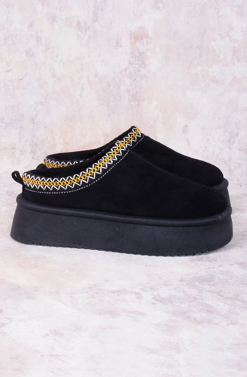 Vanilla Suede Embroidered Chunky Platform Slippers Shoes - Black