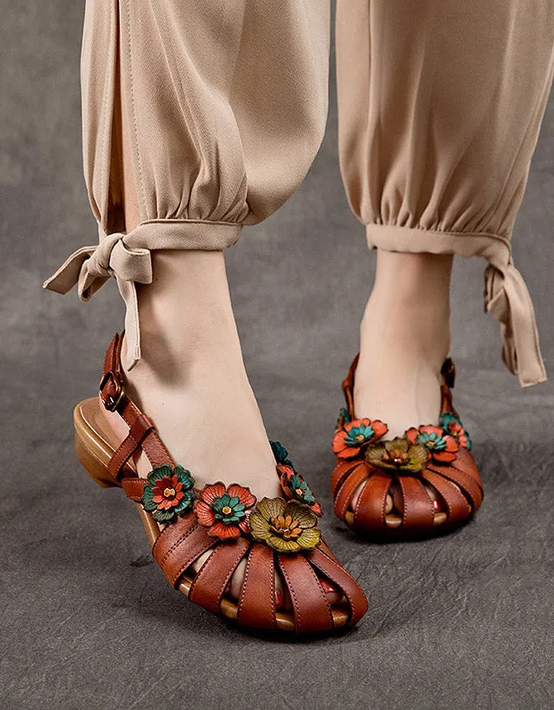 Vintage Handmade Leather Flower Sandals Slingback