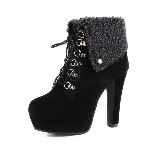 Vintage Warm Fur High Heels Ankle Boots Winter