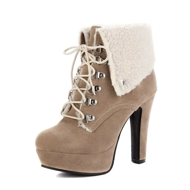 Vintage Warm Fur High Heels Ankle Boots Winter