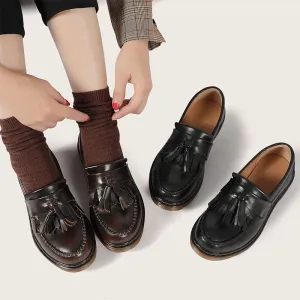 Waxing leather Penny Loafers with Tassels Handmade Working Shoes Black/Brown